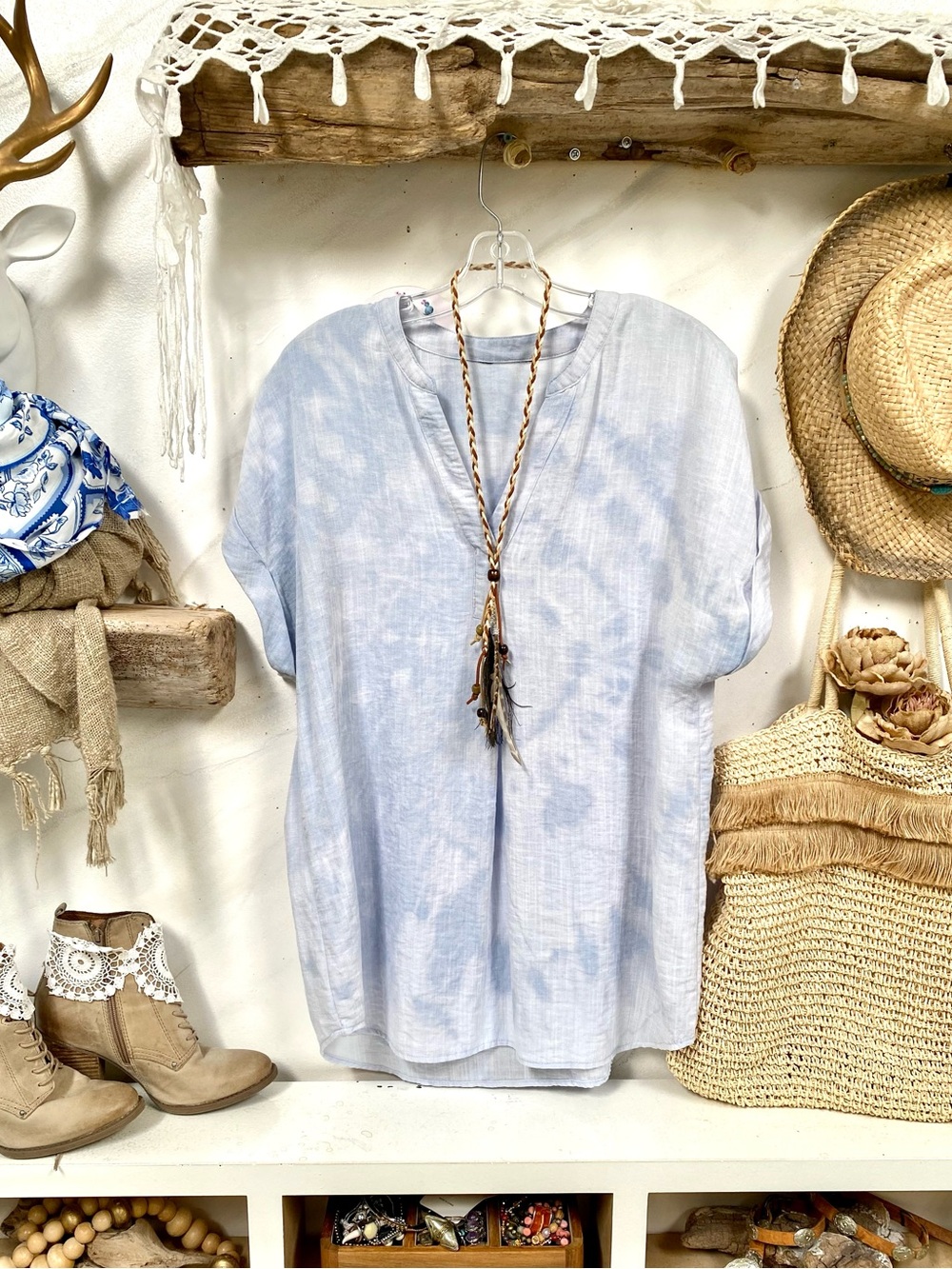 Tie dye gauzy boho blouse w resort vacay shabby chic vibe